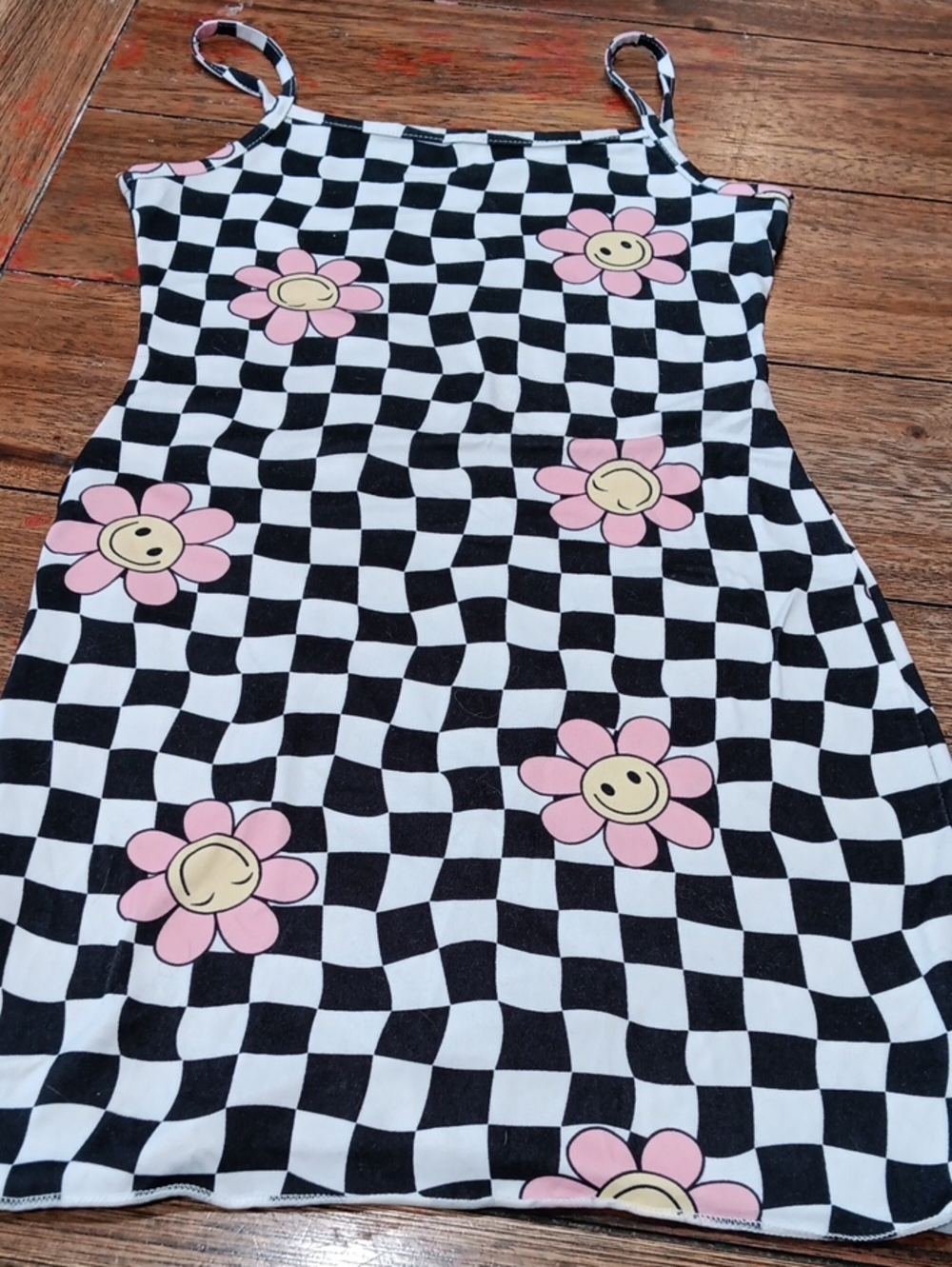 Checkerboard Smile Flower Slip Dress - Black, White & Pink